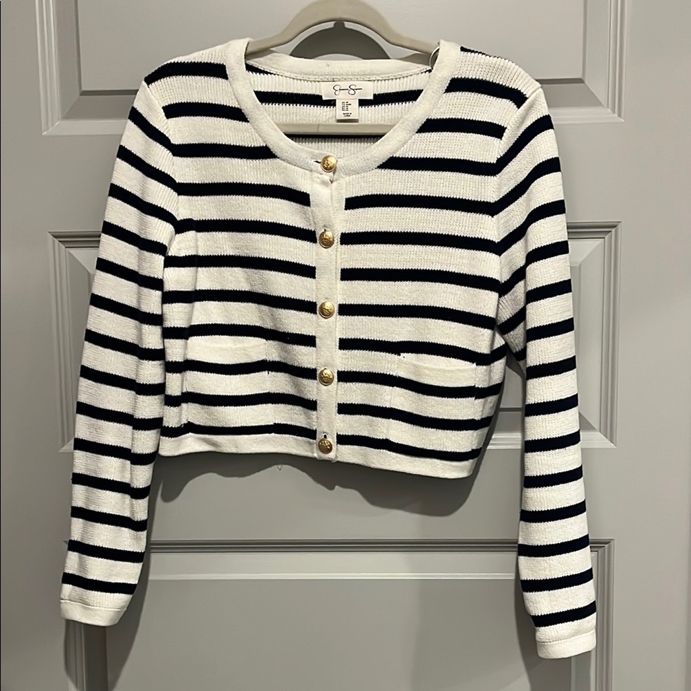 Striped Navy and White Cardigan w Gold Buttons